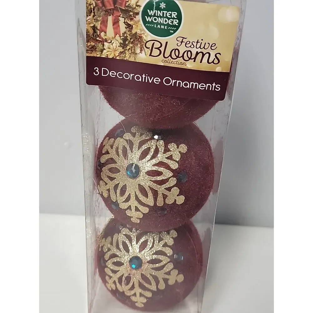 Winter Wonder Lane Festive Bloom Collection 3 pc Velvet Burgundy Ornaments